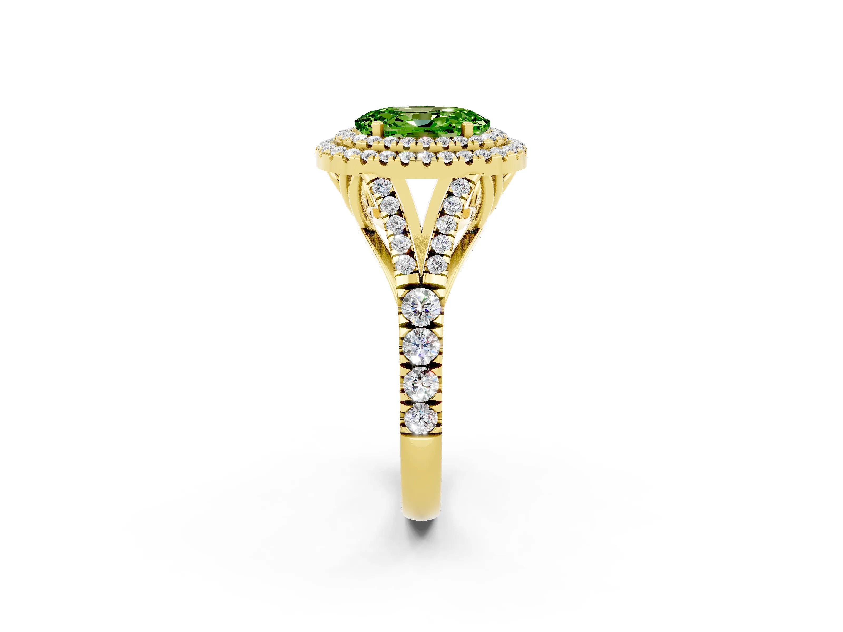 Yellow gold Double Halo Oval Cut Peridot Pavé Split Shank Ring with Prong Setting_2