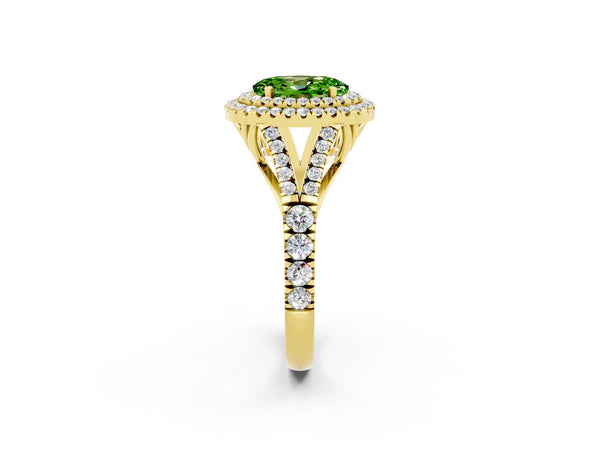 Yellow gold Double Halo Oval Cut Peridot Pavé Split Shank Ring with Prong Setting