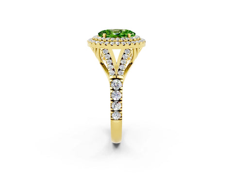 Yellow gold Double Halo Oval Cut Peridot Pavé Split Shank Ring with Prong Setting_2