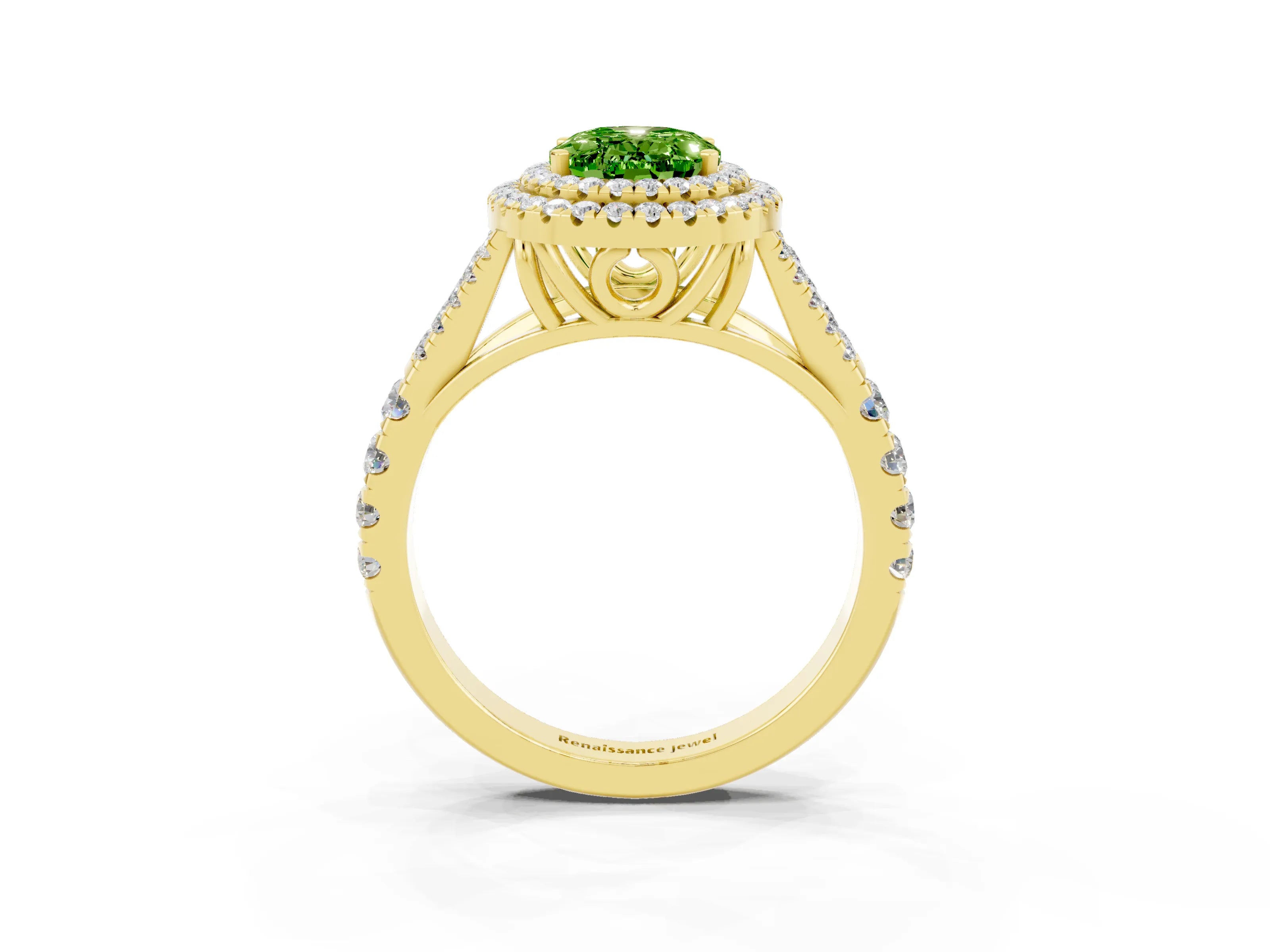 Yellow gold Double Halo Oval Cut Peridot Pavé Split Shank Ring with Prong Setting_3
