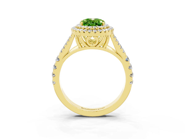 Yellow gold Double Halo Oval Cut Peridot Pavé Split Shank Ring with Prong Setting
