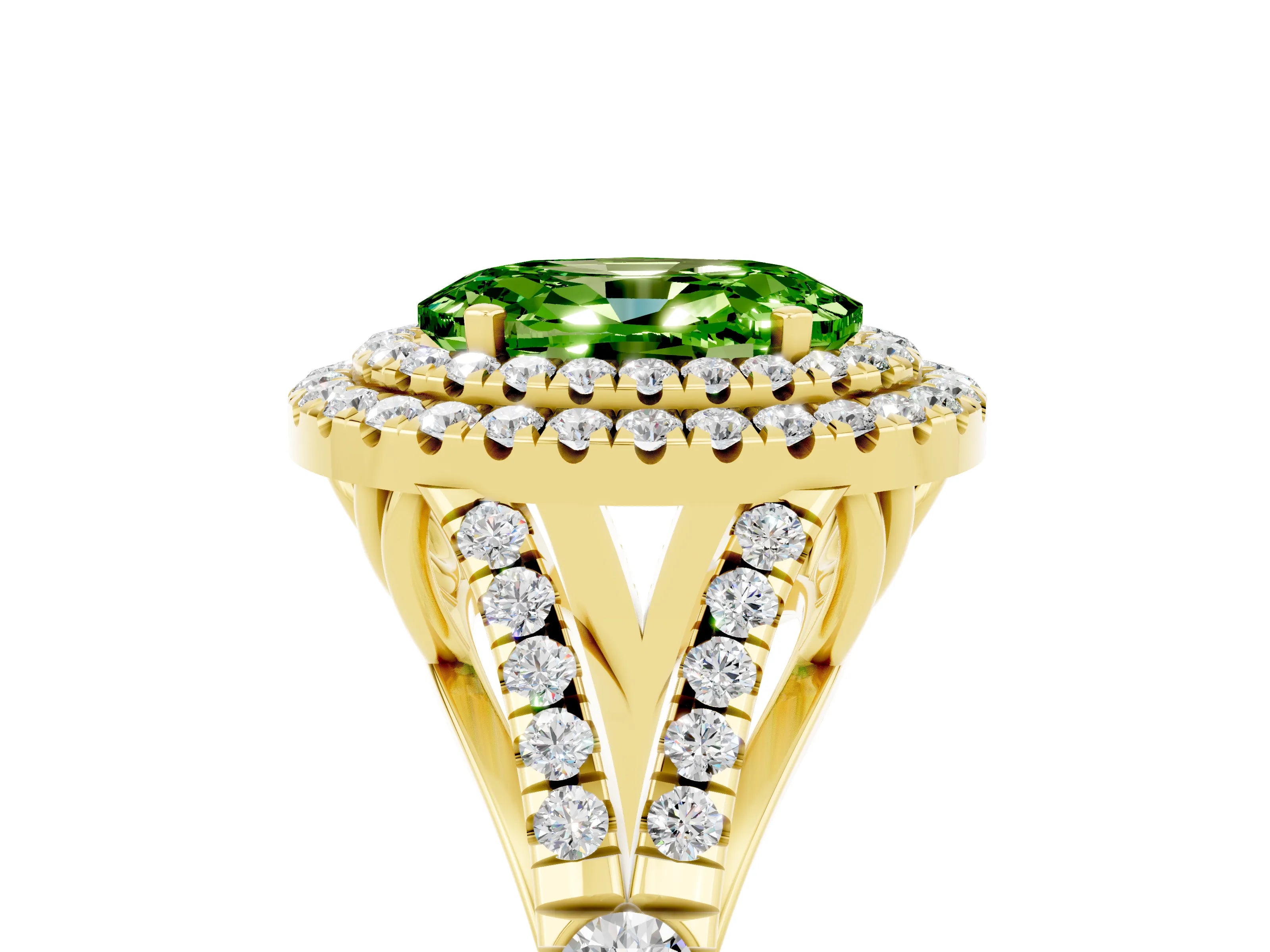 Yellow gold Double Halo Oval Cut Peridot Pavé Split Shank Ring with Prong Setting_5