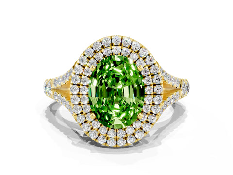 Yellow gold Double Halo Oval Cut Peridot Pavé Split Shank Ring with Prong Setting