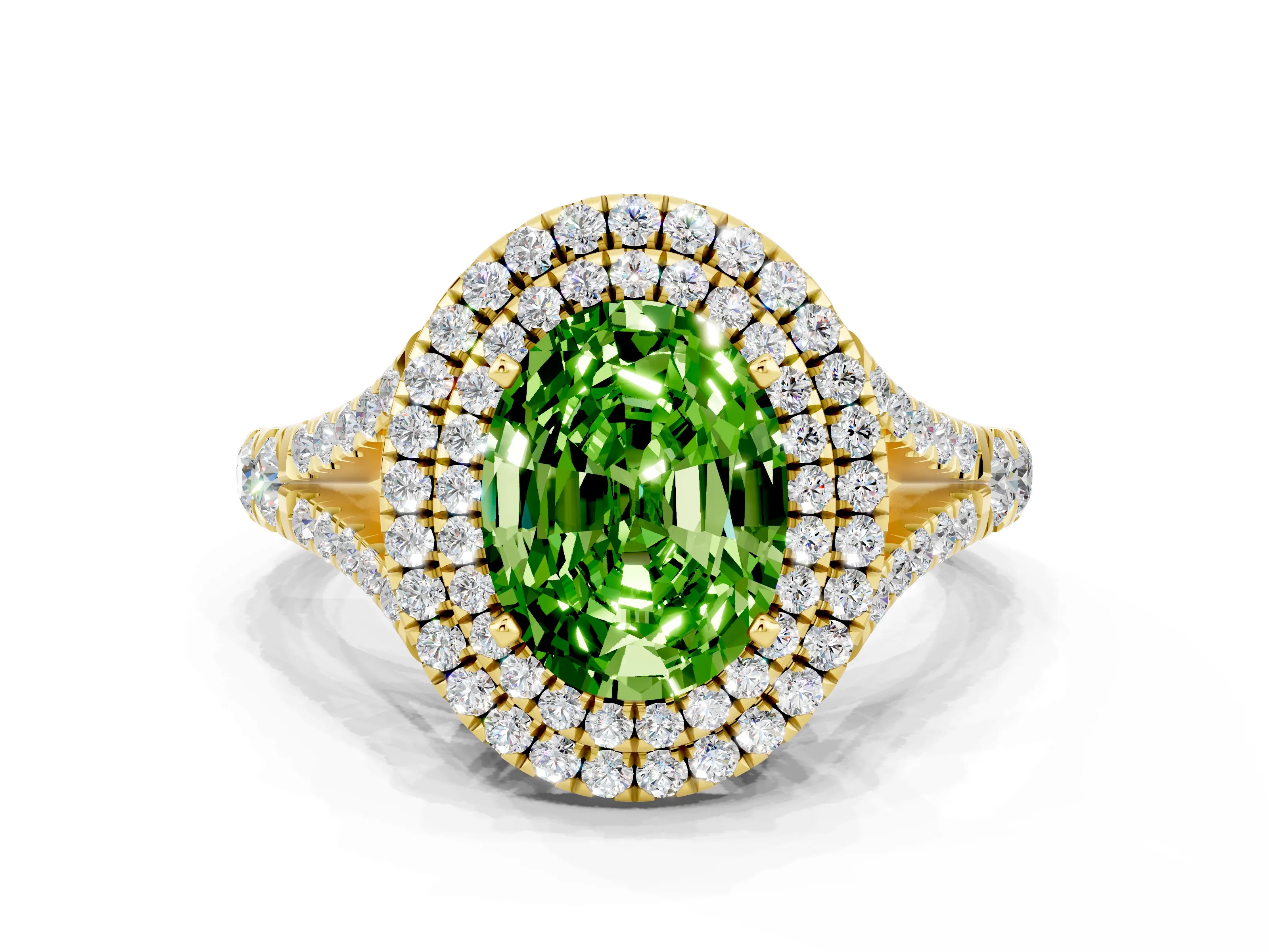 Yellow gold Double Halo Oval Cut Peridot Split Shank Engagement Ring with Four-Prong Setting