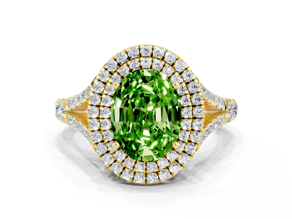 Yellow gold Double Halo Oval Cut Peridot Split Shank Engagement Ring with Four-Prong Setting