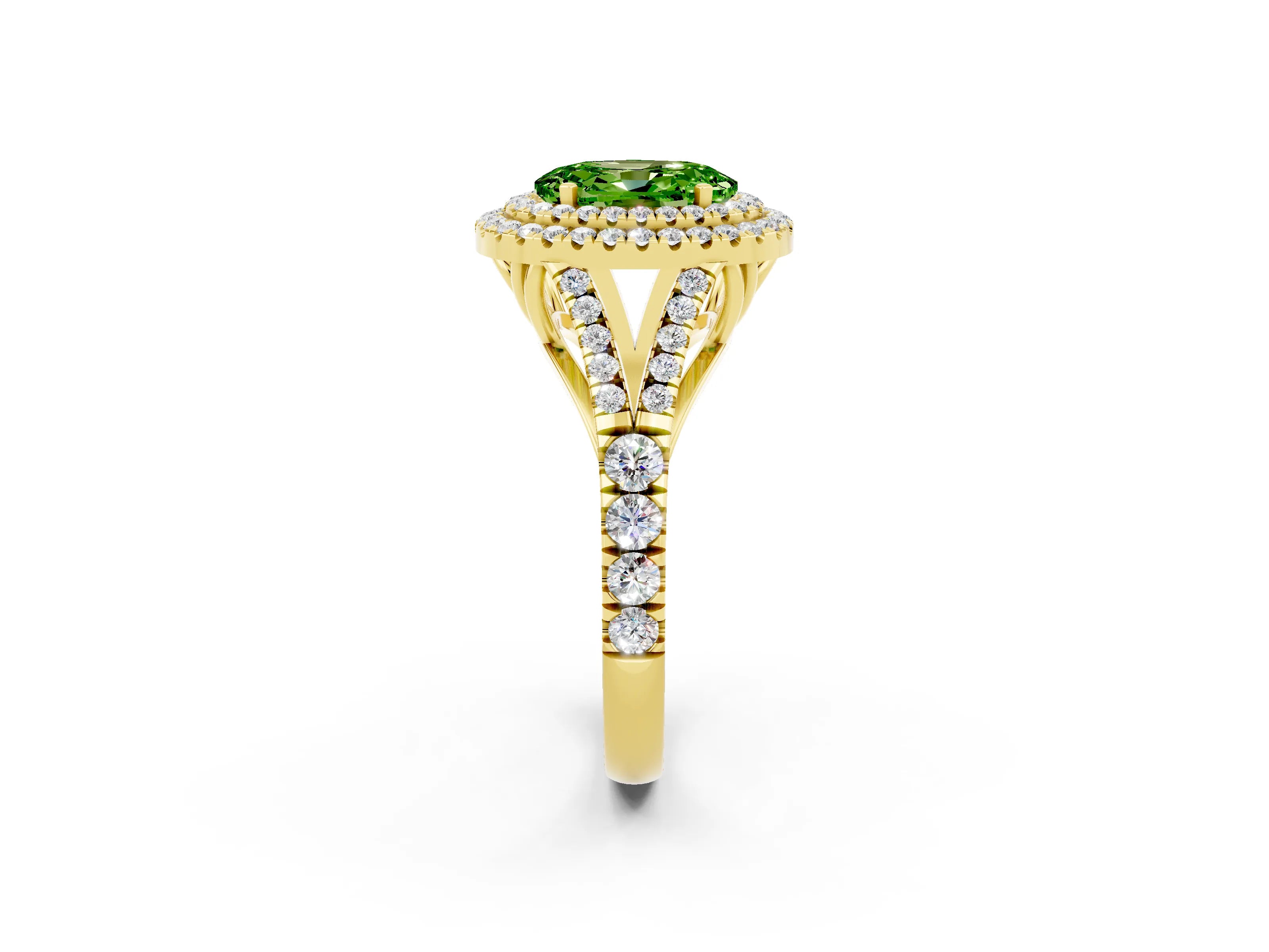 Yellow gold Double Halo Oval Cut Peridot Split Shank Engagement Ring with Four-Prong Setting_2