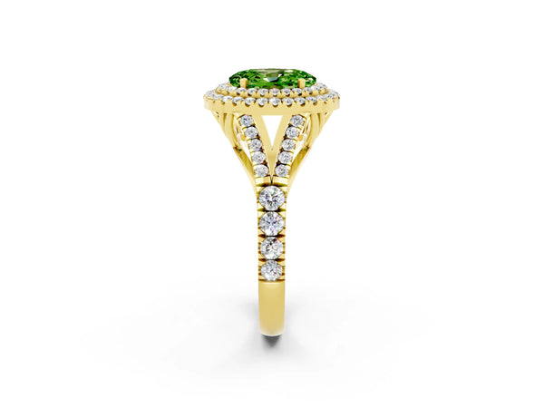 Yellow gold Double Halo Oval Cut Peridot Split Shank Engagement Ring with Four-Prong Setting