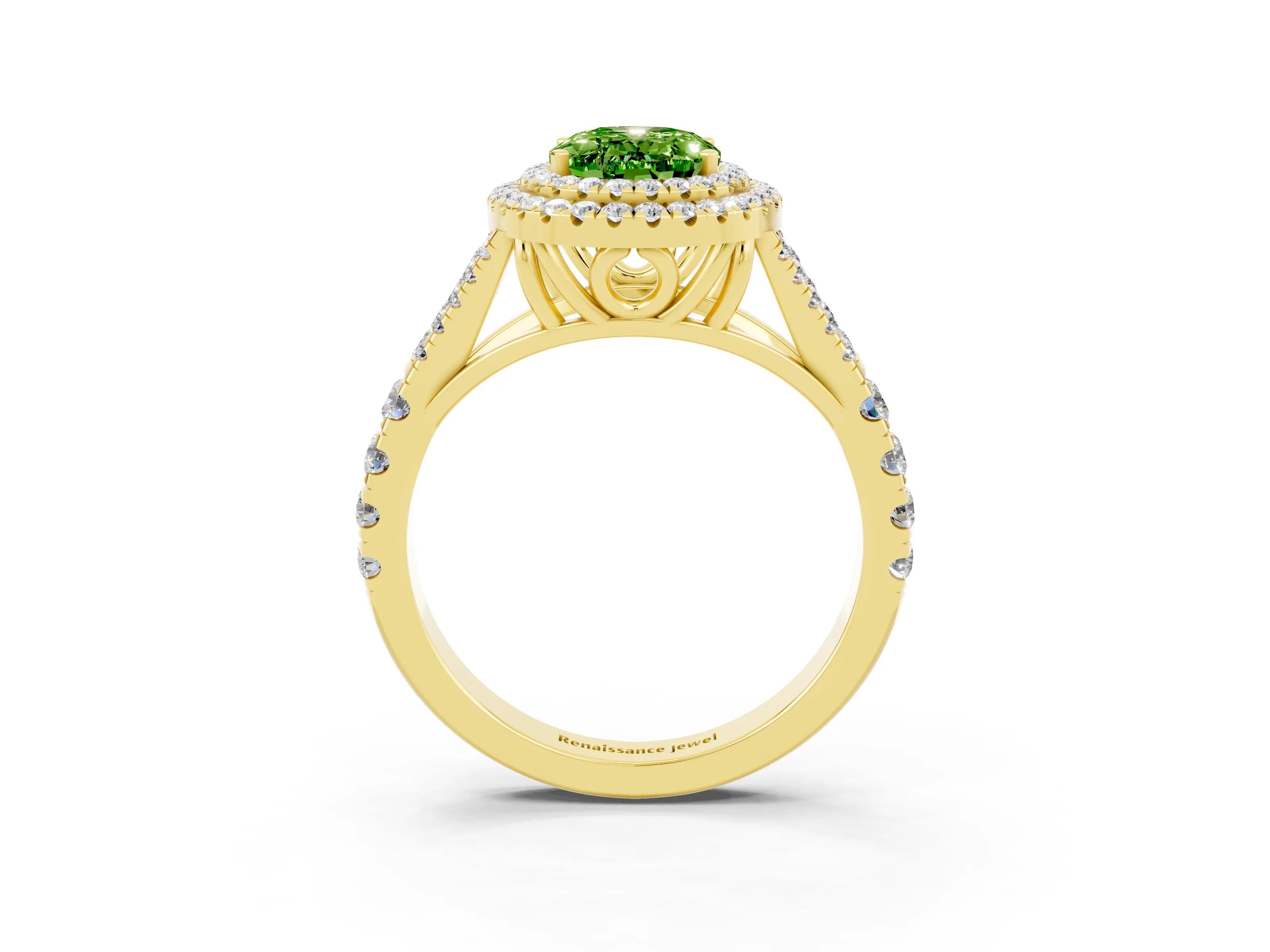 Yellow gold Double Halo Oval Cut Peridot Split Shank Engagement Ring with Four-Prong Setting_3