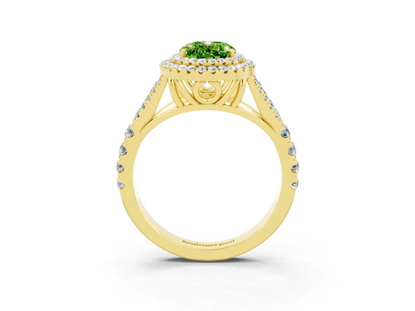Yellow gold Double Halo Oval Cut Peridot Split Shank Engagement Ring with Four-Prong Setting