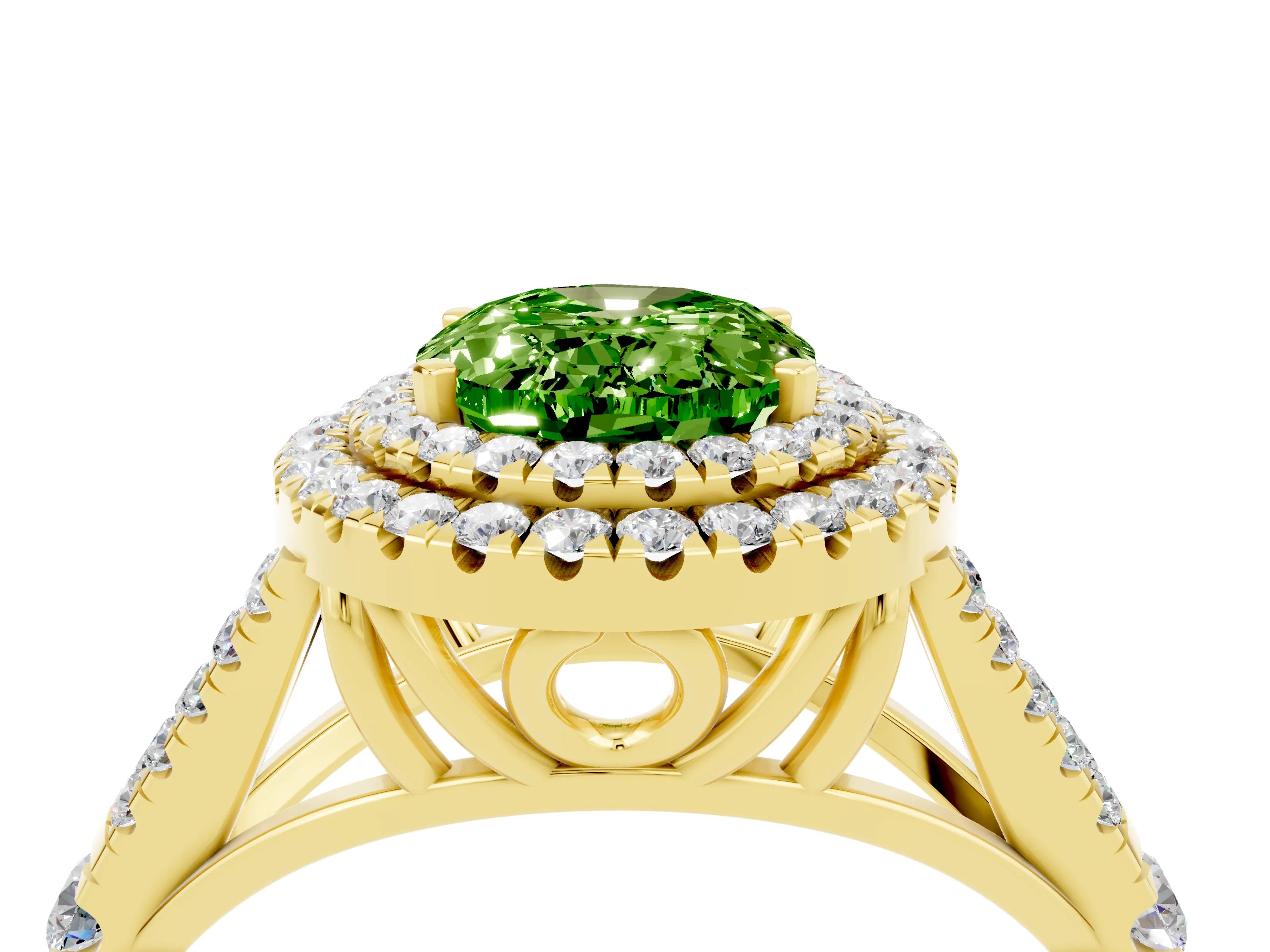 Yellow gold Double Halo Oval Cut Peridot Split Shank Engagement Ring with Four-Prong Setting_4