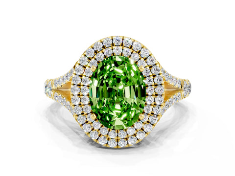Yellow gold Double Halo Oval Cut Peridot Split Shank Engagement Ring with Four-Prong Setting