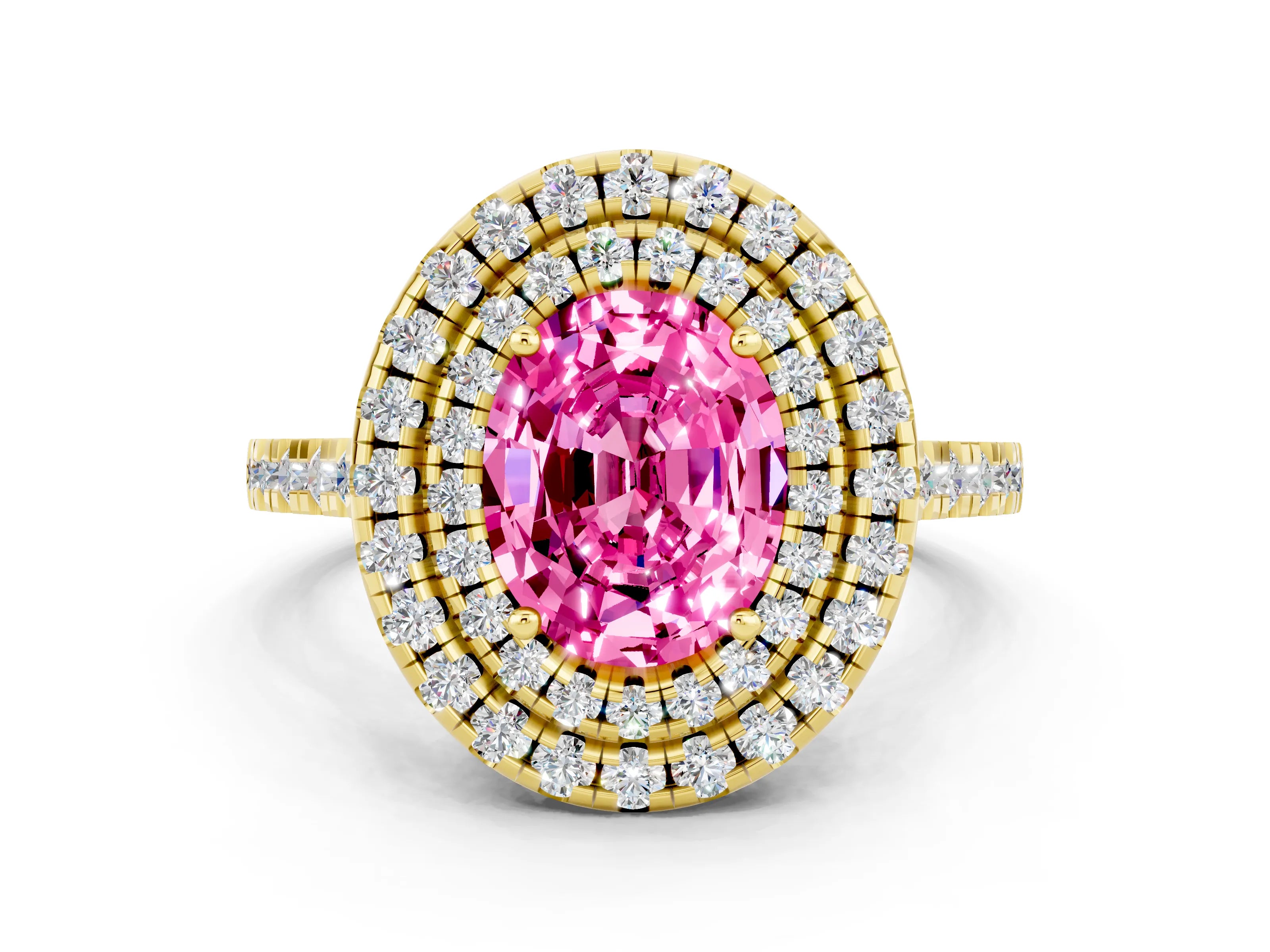 Yellow gold Double Halo Oval Cut Pink Sapphire Pavé Band with Four-Prong Setting_24