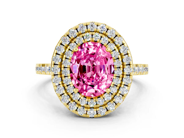 Yellow gold Double Halo Oval Cut Pink Sapphire Pavé Band with Four-Prong Setting