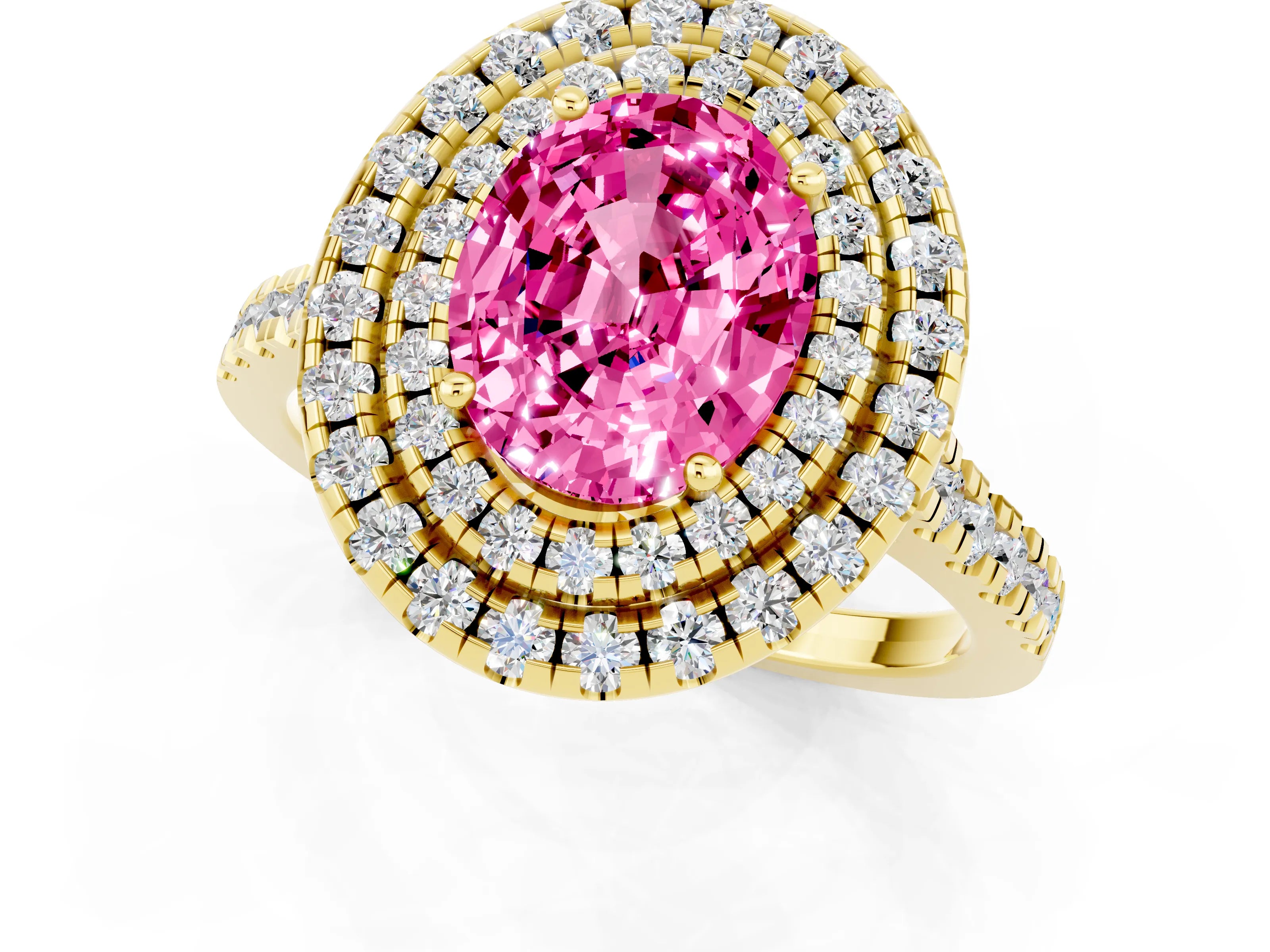 Yellow gold Double Halo Oval Cut Pink Sapphire Pavé Band with Four-Prong Setting_25