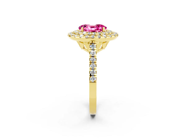 Yellow gold Double Halo Oval Cut Pink Sapphire Pavé Band with Four-Prong Setting
