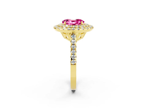 Yellow gold Double Halo Oval Cut Pink Sapphire Pavé Band with Four-Prong Setting_26