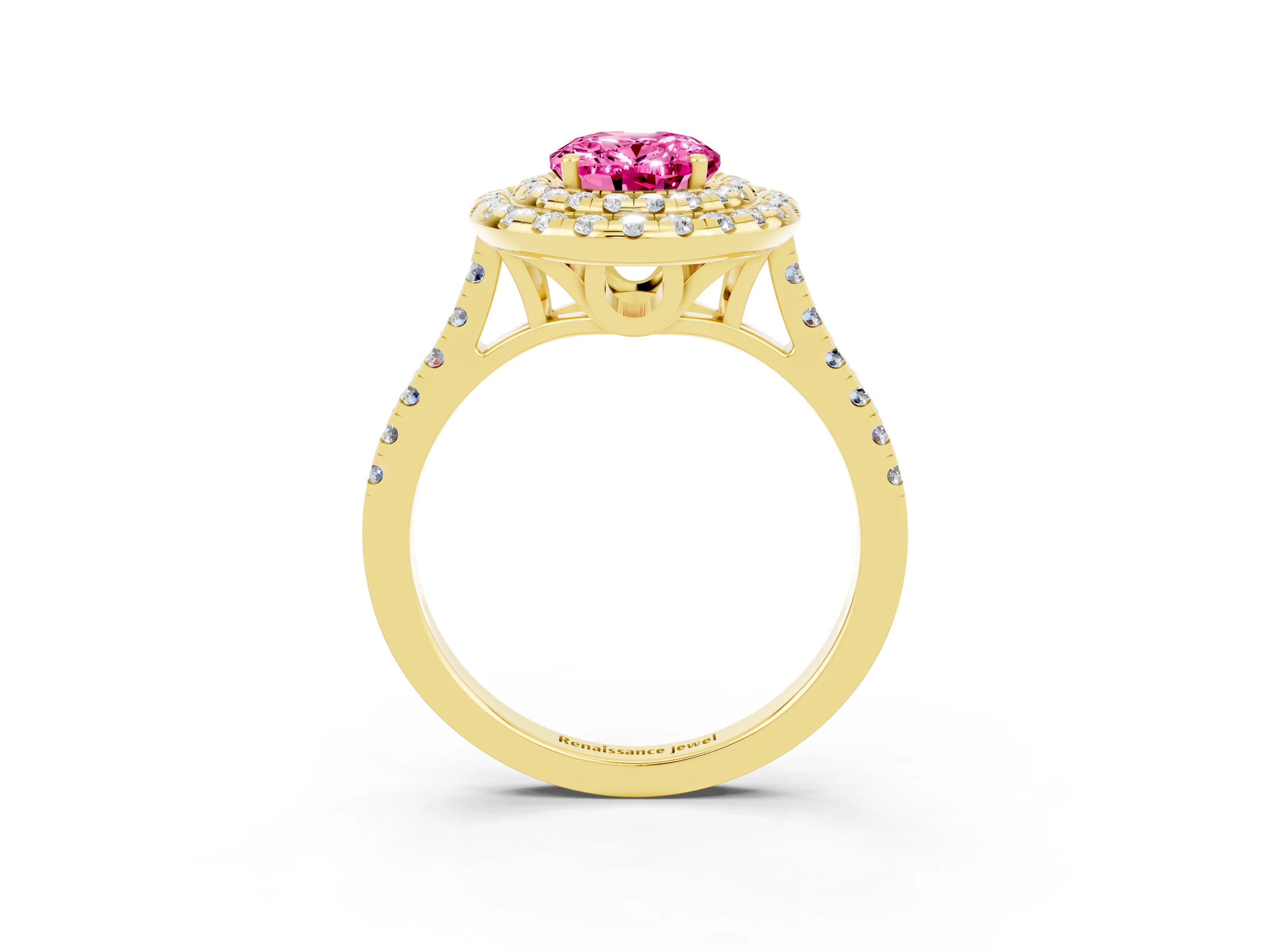 Yellow gold Double Halo Oval Cut Pink Sapphire Pavé Band with Four-Prong Setting_27