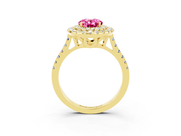 Yellow gold Double Halo Oval Cut Pink Sapphire Pavé Band with Four-Prong Setting