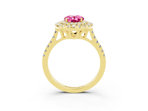 Yellow gold Double Halo Oval Cut Pink Sapphire Pavé Band with Four-Prong Setting_27