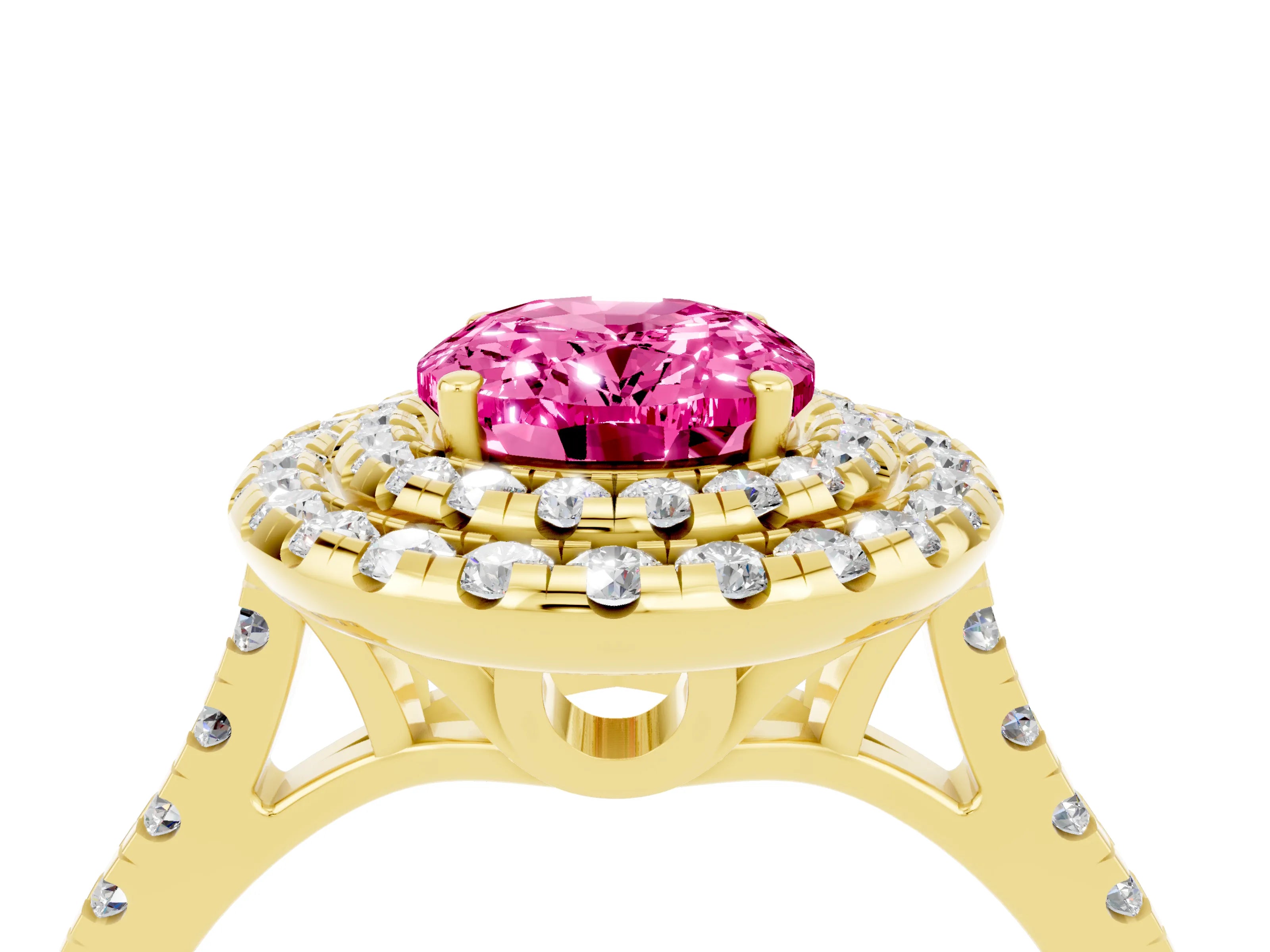 Yellow gold Double Halo Oval Cut Pink Sapphire Pavé Band with Four-Prong Setting_28