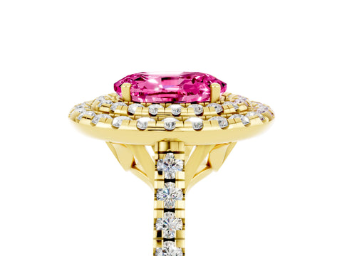 Yellow gold Double Halo Oval Cut Pink Sapphire Pavé Band with Four-Prong Setting_29