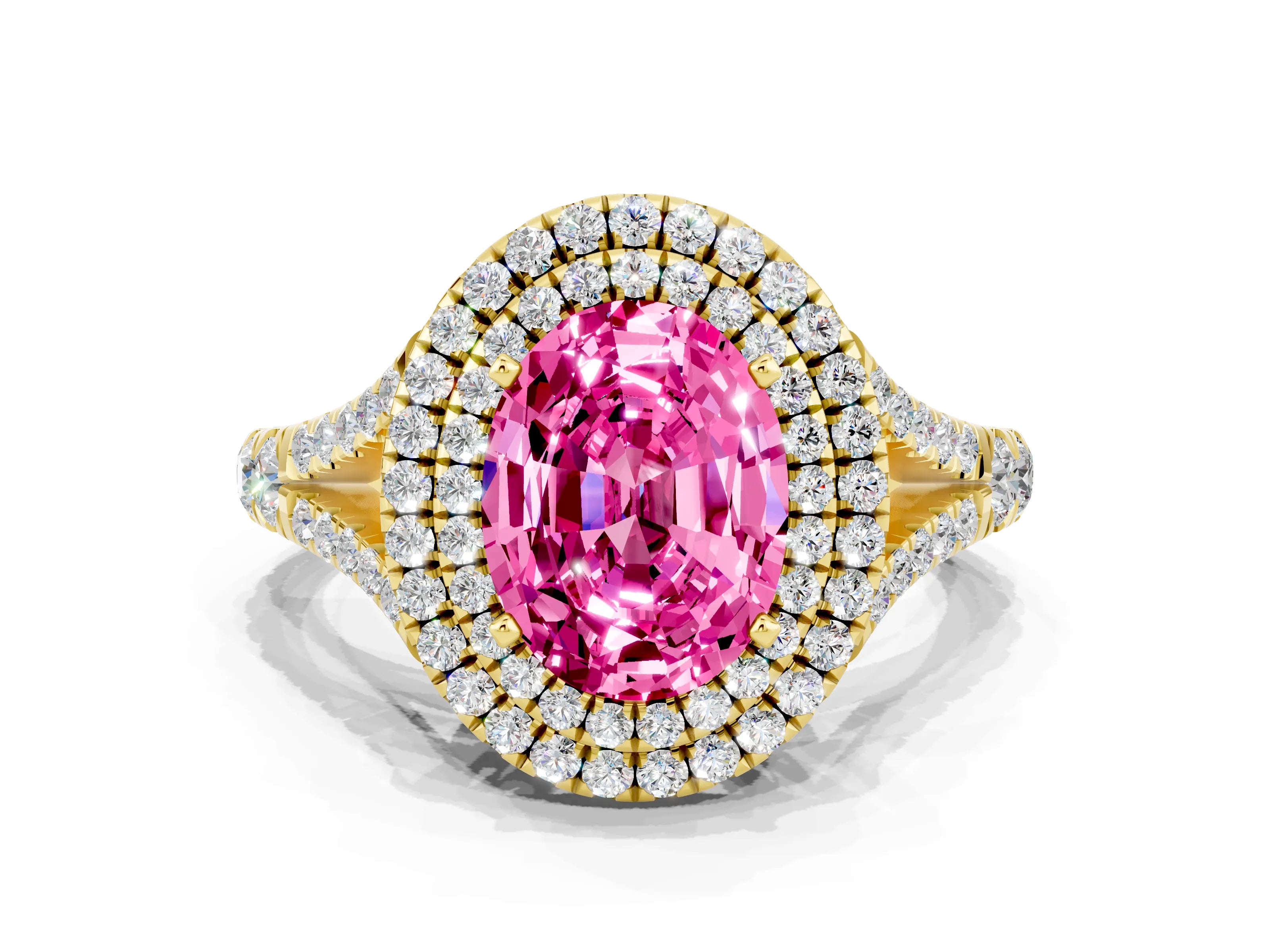 Yellow gold Double Halo Oval Cut Pink Sapphire Pavé Split Shank Ring with Prong Setting