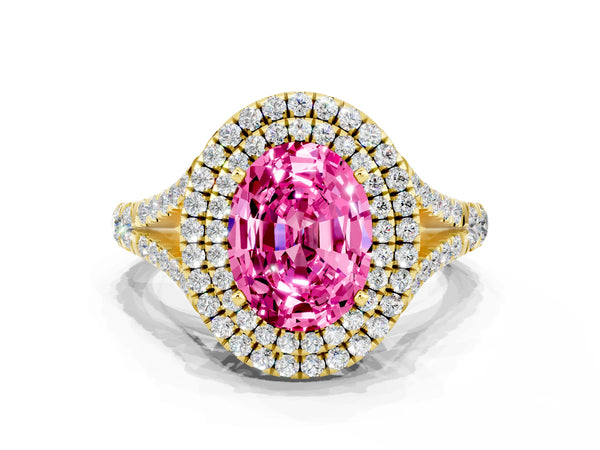 Yellow gold Double Halo Oval Cut Pink Sapphire Pavé Split Shank Ring with Prong Setting