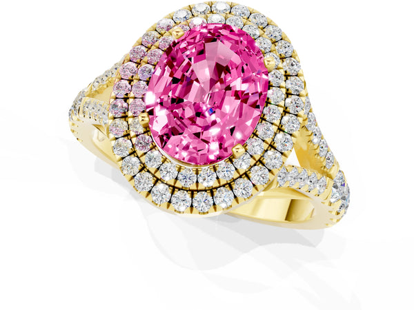 Yellow gold Double Halo Oval Cut Pink Sapphire Pavé Split Shank Ring with Prong Setting