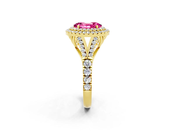 Yellow gold Double Halo Oval Cut Pink Sapphire Pavé Split Shank Ring with Prong Setting