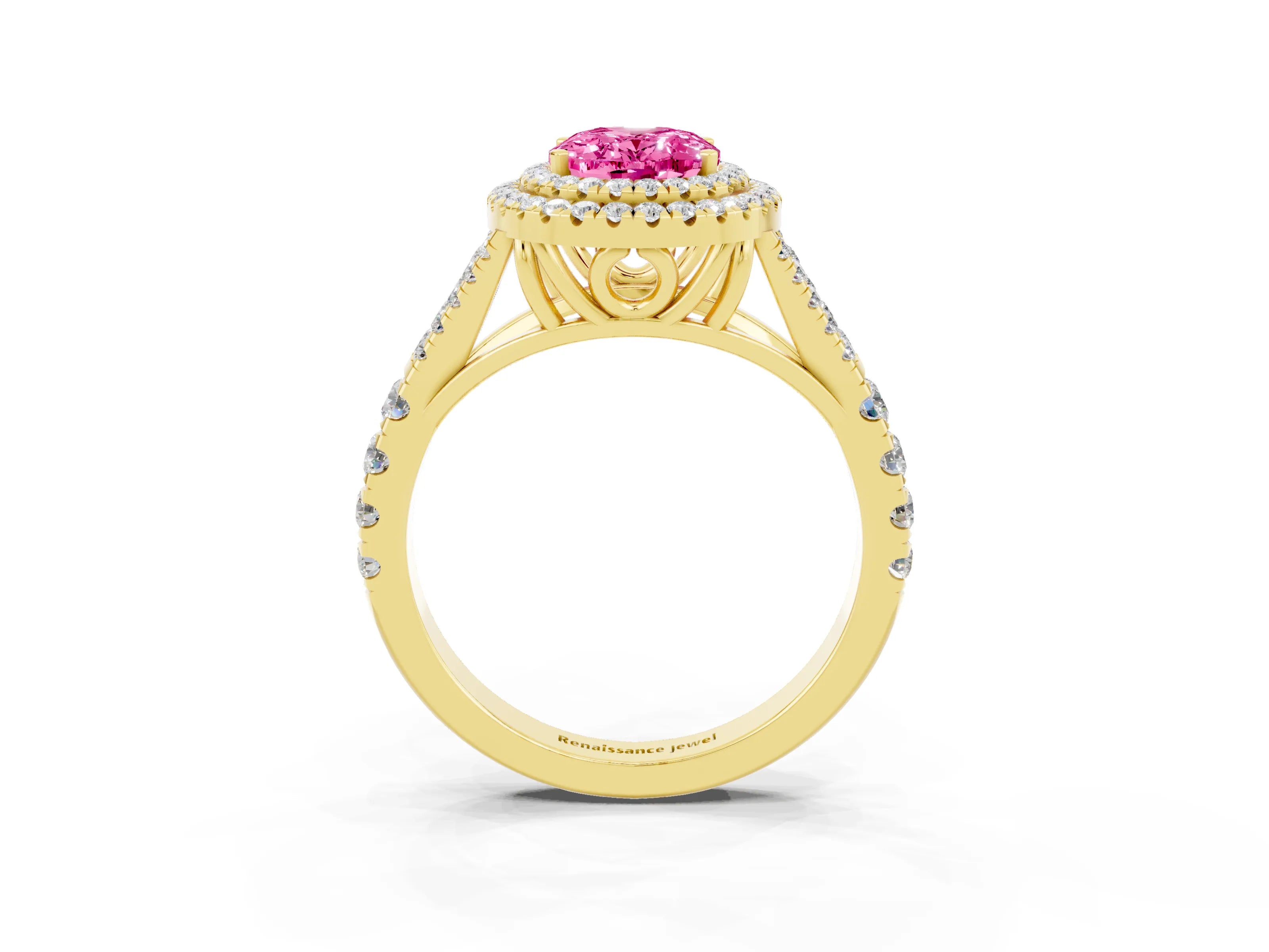 Yellow gold Double Halo Oval Cut Pink Sapphire Pavé Split Shank Ring with Prong Setting_3