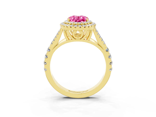 Yellow gold Double Halo Oval Cut Pink Sapphire Pavé Split Shank Ring with Prong Setting