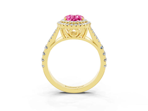 Yellow gold Double Halo Oval Cut Pink Sapphire Pavé Split Shank Ring with Prong Setting_3