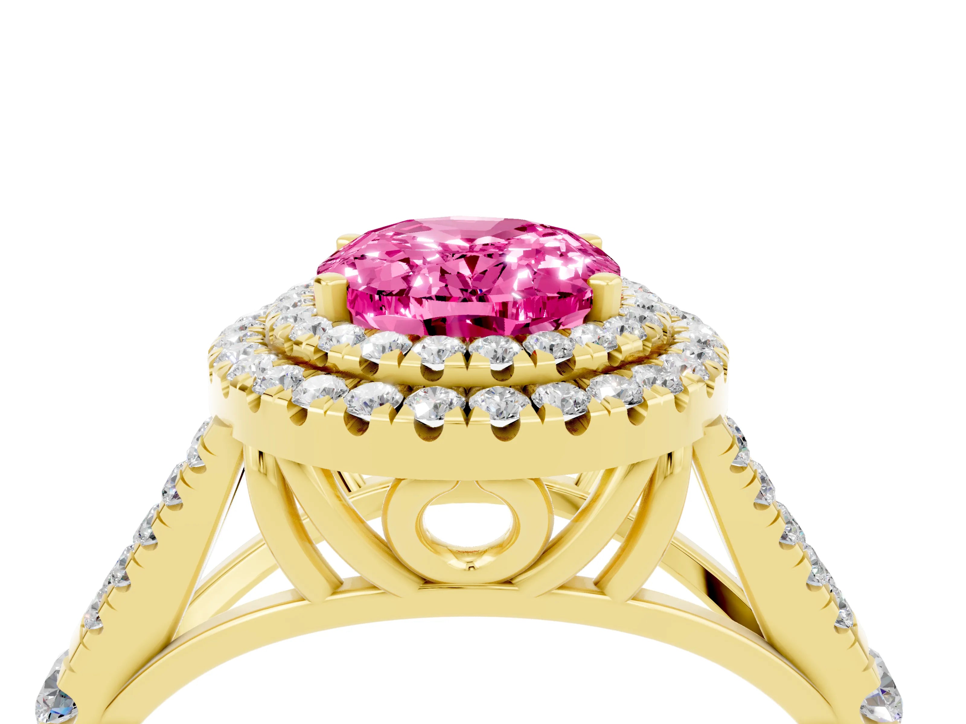 Yellow gold Double Halo Oval Cut Pink Sapphire Pavé Split Shank Ring with Prong Setting_4