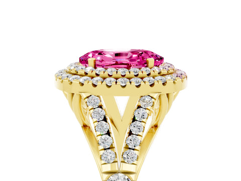 Yellow gold Double Halo Oval Cut Pink Sapphire Pavé Split Shank Ring with Prong Setting_5