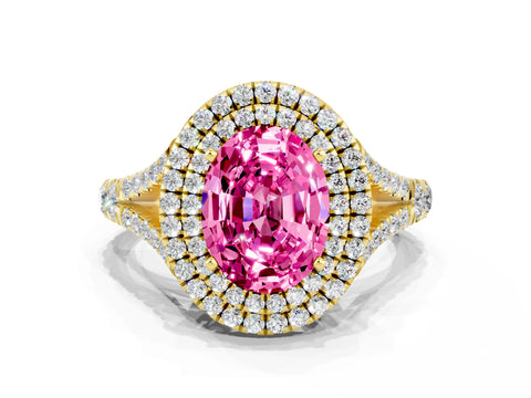 Yellow gold Double Halo Oval Cut Pink Sapphire Pavé Split Shank Ring with Prong Setting