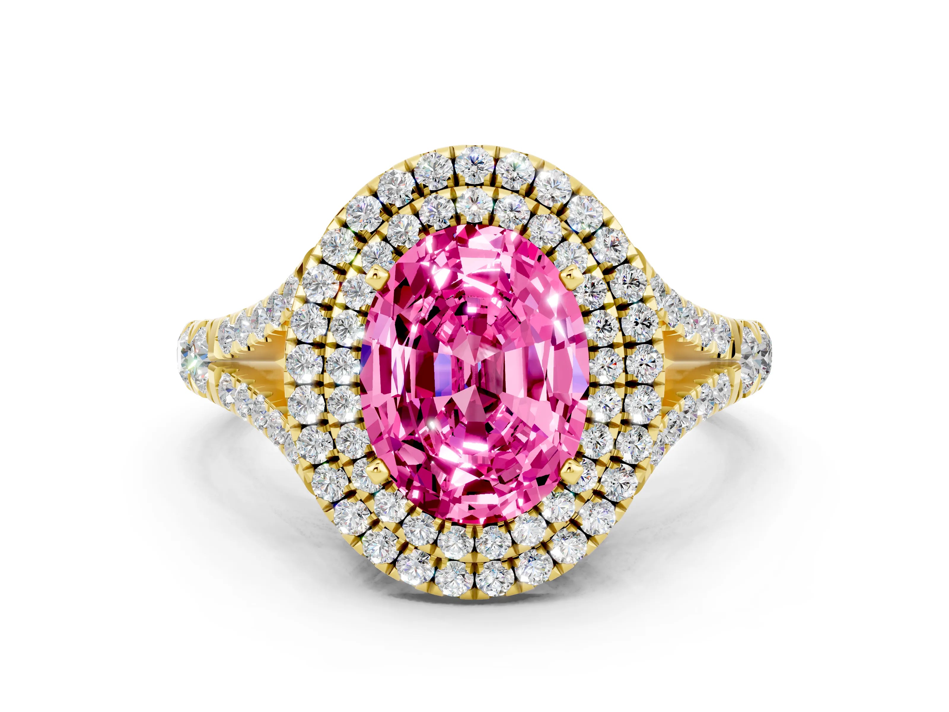 Yellow gold Double Halo Oval Cut Pink Sapphire Split Shank Engagement Ring with Four-Prong Setting