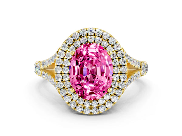 Yellow gold Double Halo Oval Cut Pink Sapphire Split Shank Engagement Ring with Four-Prong Setting
