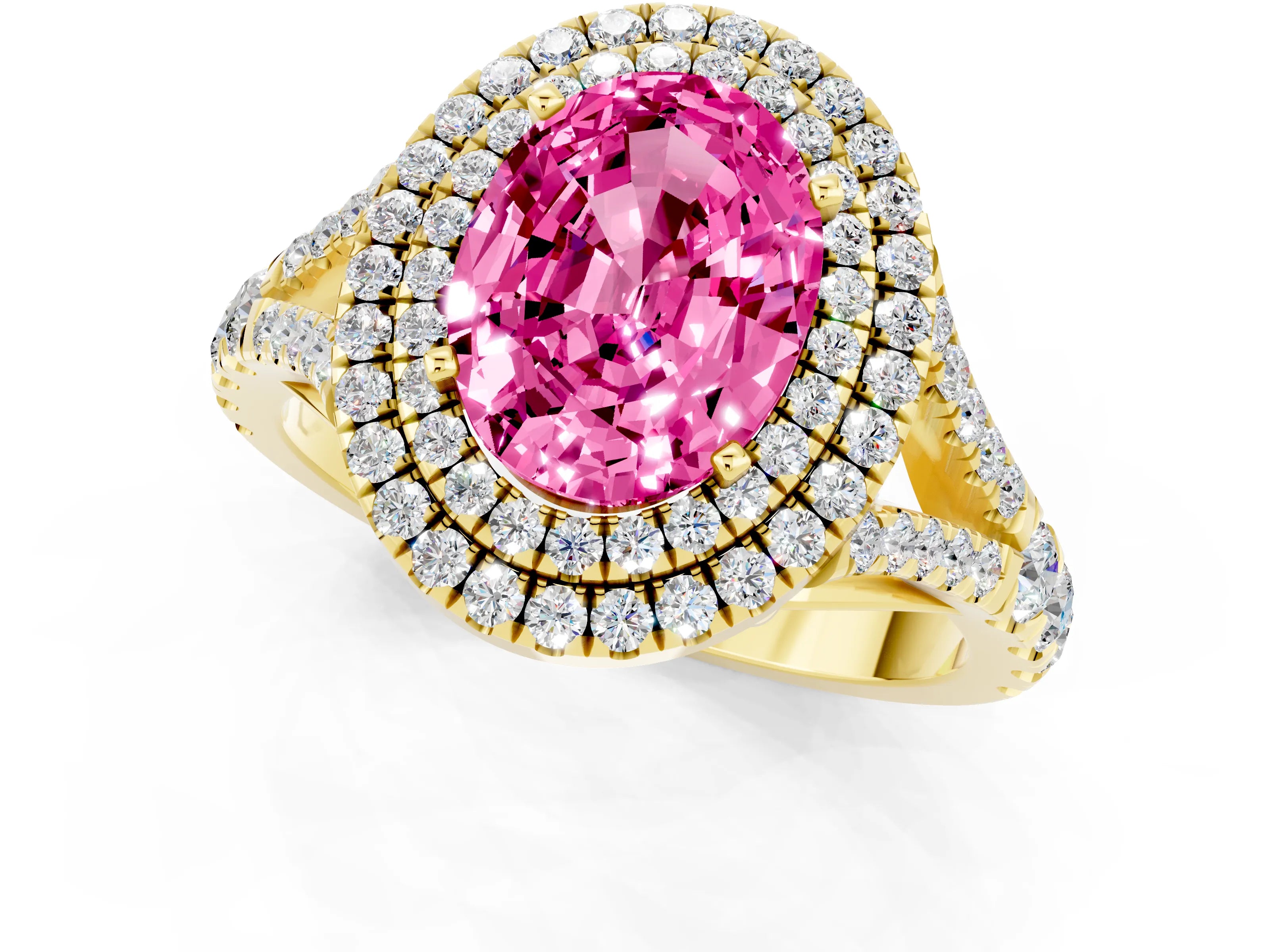 Yellow gold Double Halo Oval Cut Pink Sapphire Split Shank Engagement Ring with Four-Prong Setting_1