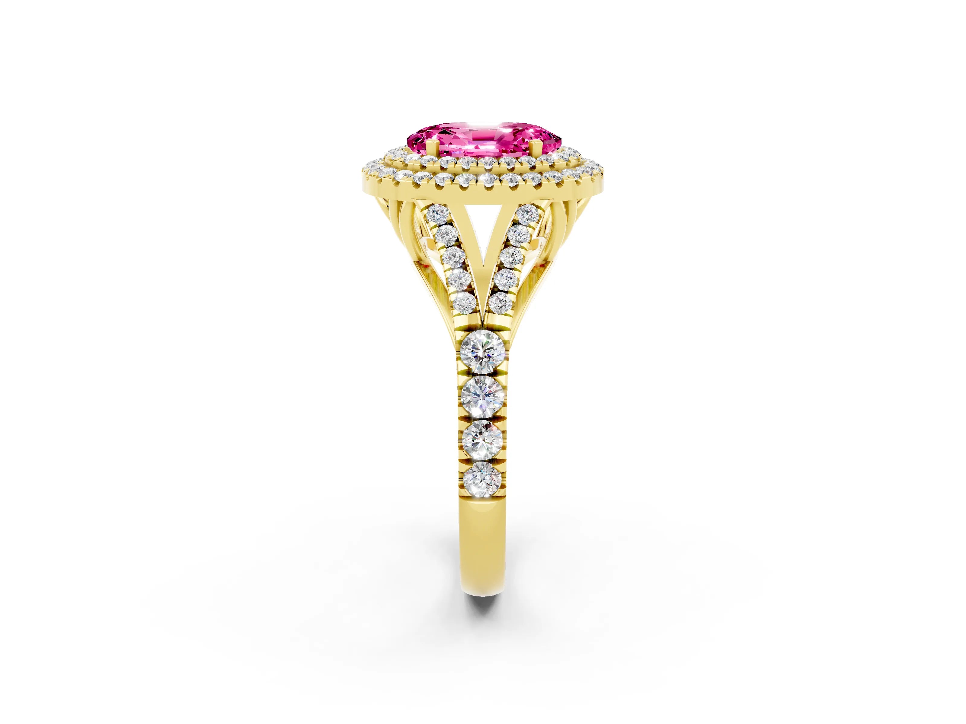 Yellow gold Double Halo Oval Cut Pink Sapphire Split Shank Engagement Ring with Four-Prong Setting_2