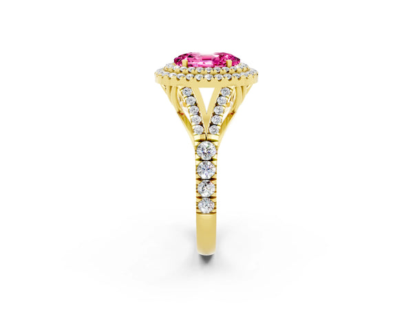 Yellow gold Double Halo Oval Cut Pink Sapphire Split Shank Engagement Ring with Four-Prong Setting