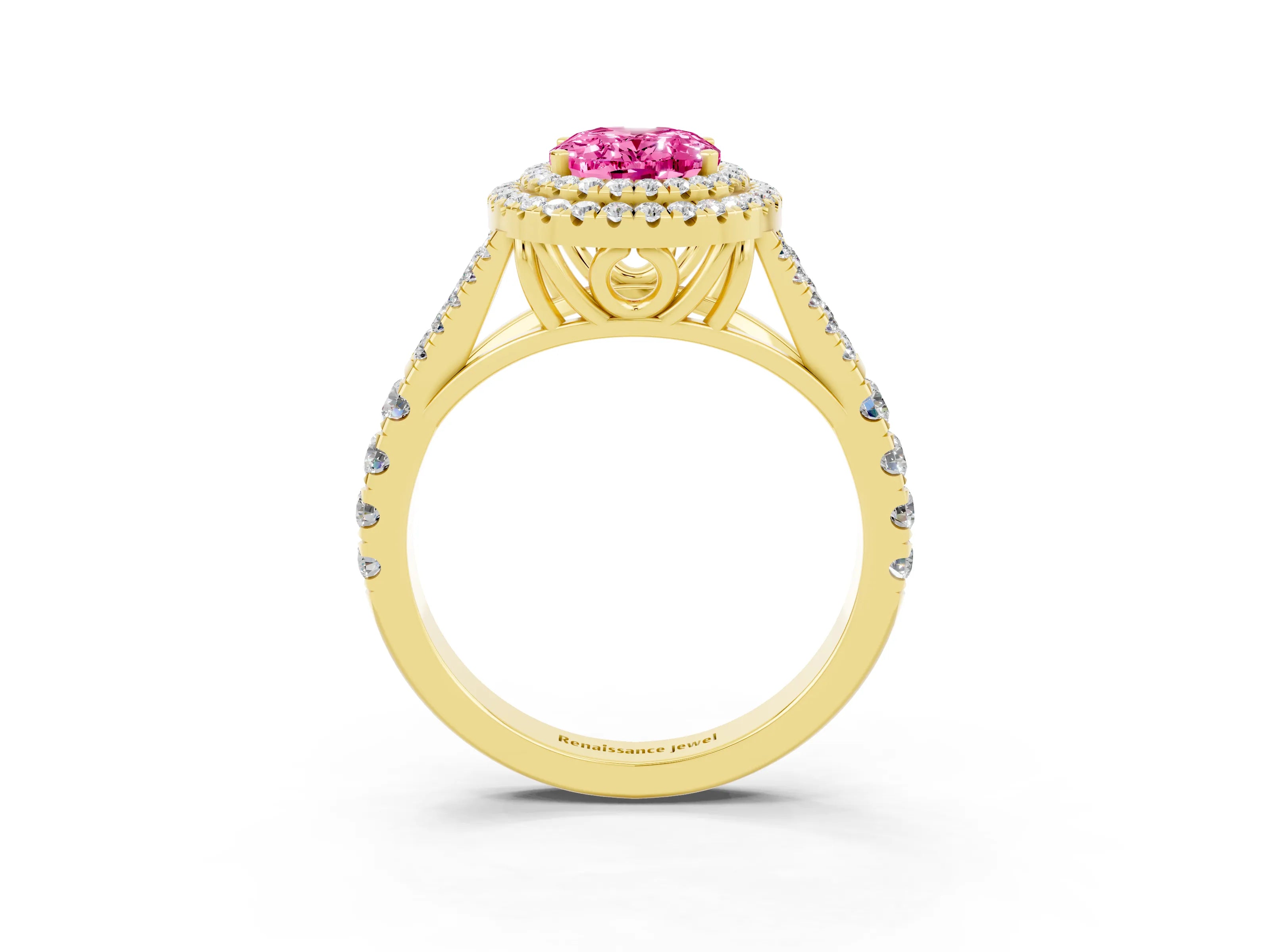 Yellow gold Double Halo Oval Cut Pink Sapphire Split Shank Engagement Ring with Four-Prong Setting_3