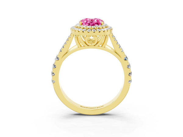 Yellow gold Double Halo Oval Cut Pink Sapphire Split Shank Engagement Ring with Four-Prong Setting