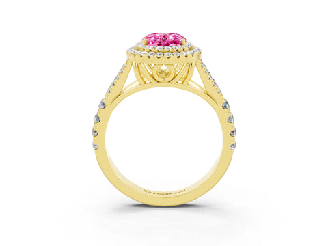 Yellow gold Double Halo Oval Cut Pink Sapphire Split Shank Engagement Ring with Four-Prong Setting_3