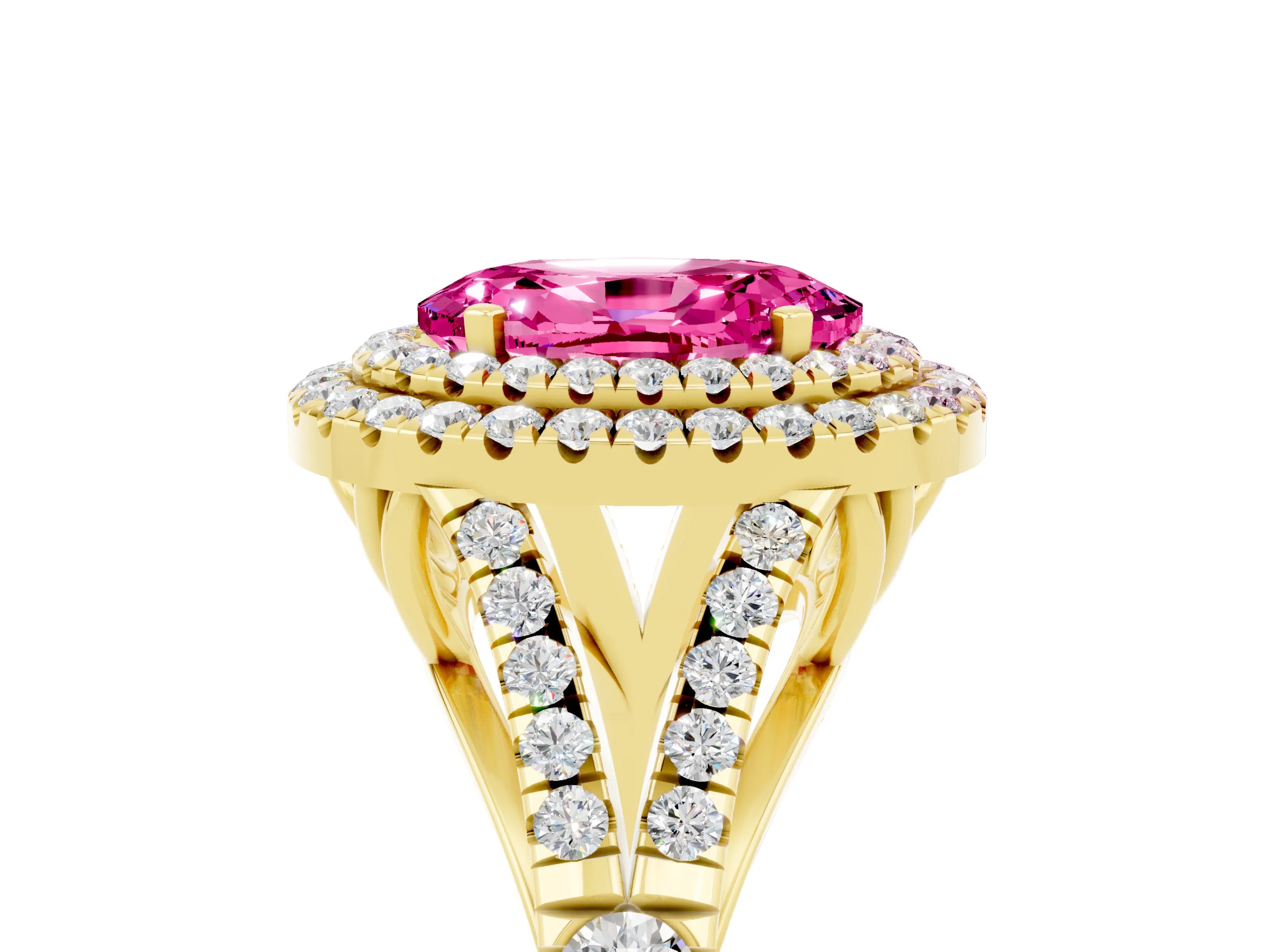 Yellow gold Double Halo Oval Cut Pink Sapphire Split Shank Engagement Ring with Four-Prong Setting_5
