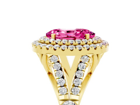 Yellow gold Double Halo Oval Cut Pink Sapphire Split Shank Engagement Ring with Four-Prong Setting_5