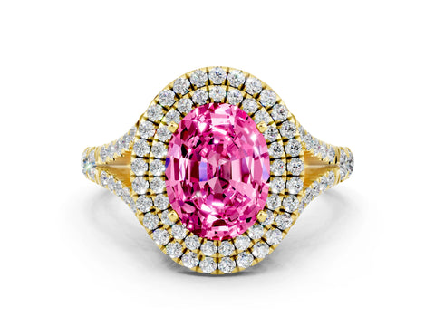 Yellow gold Double Halo Oval Cut Pink Sapphire Split Shank Engagement Ring with Four-Prong Setting