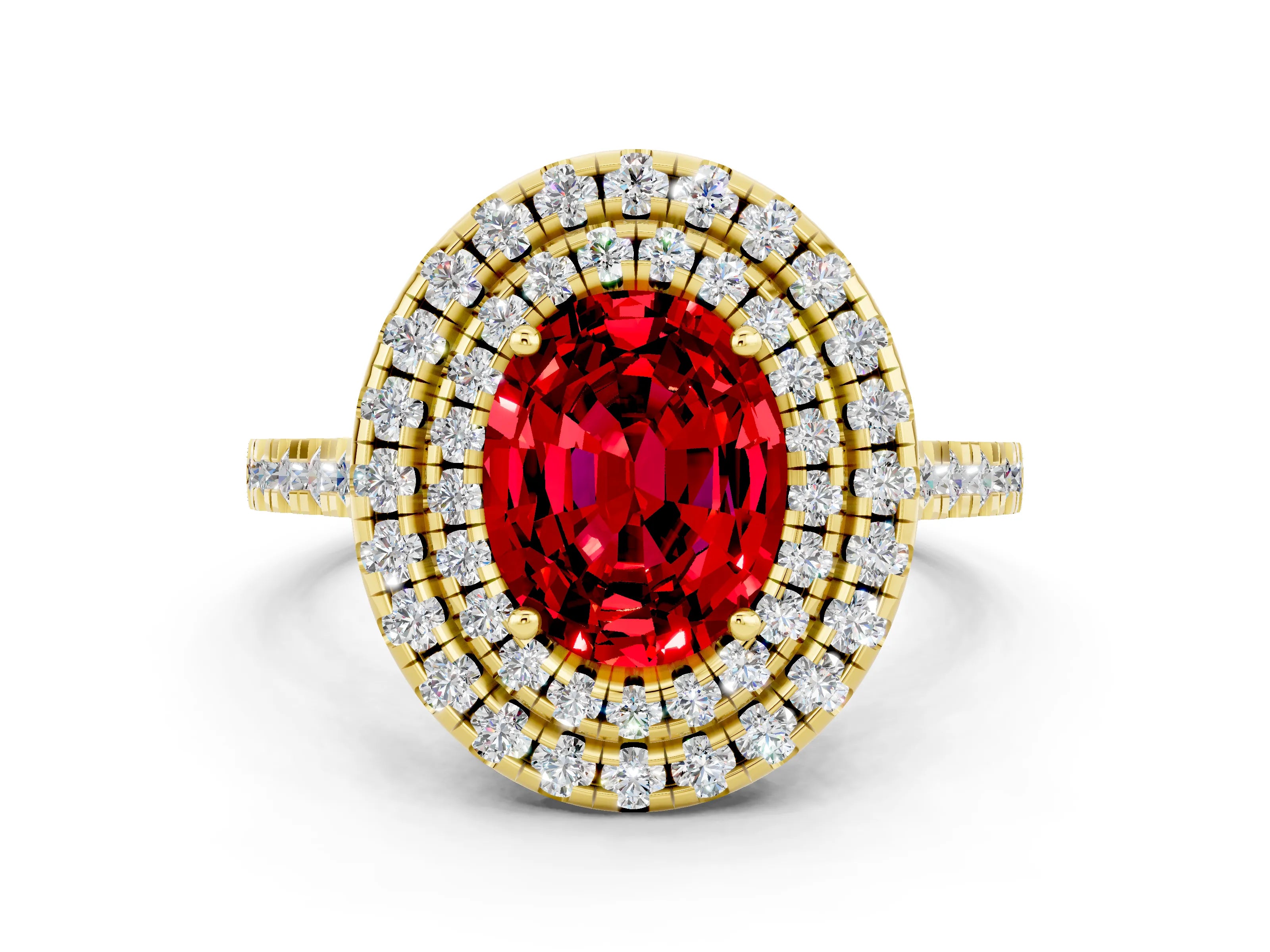 Yellow gold Double Halo Oval Cut Ruby Pavé Band with Four-Prong Setting