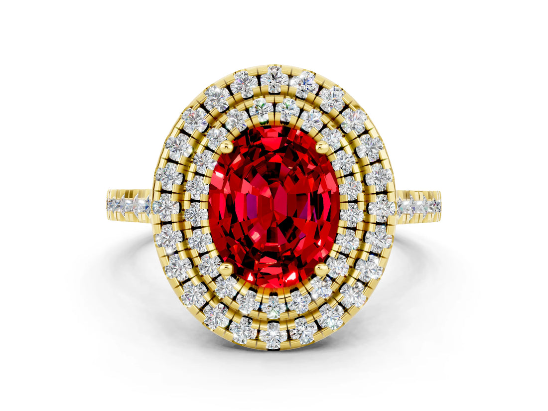 Yellow gold Double Halo Oval Cut Ruby Pavé Band with Four-Prong Setting