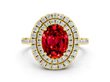 Yellow gold Double Halo Oval Cut Ruby Pavé Band with Four-Prong Setting