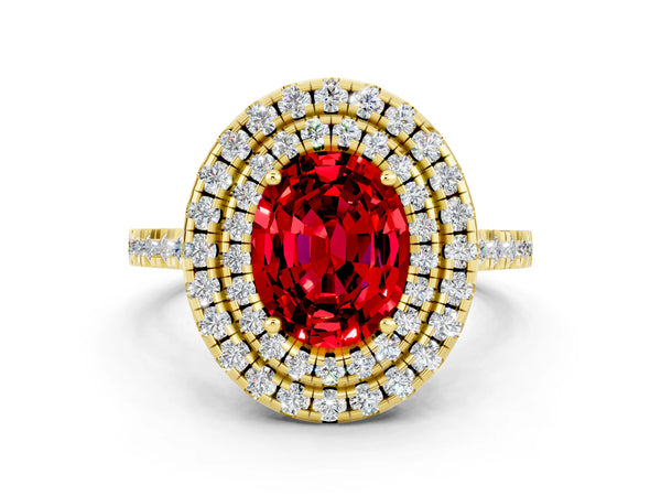 Yellow gold Double Halo Oval Cut Ruby Pavé Band with Four-Prong Setting